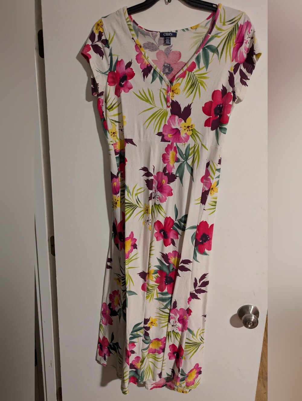 CHAPS XL Floral Tropical Print Maxi Dress Pink Green V Neck